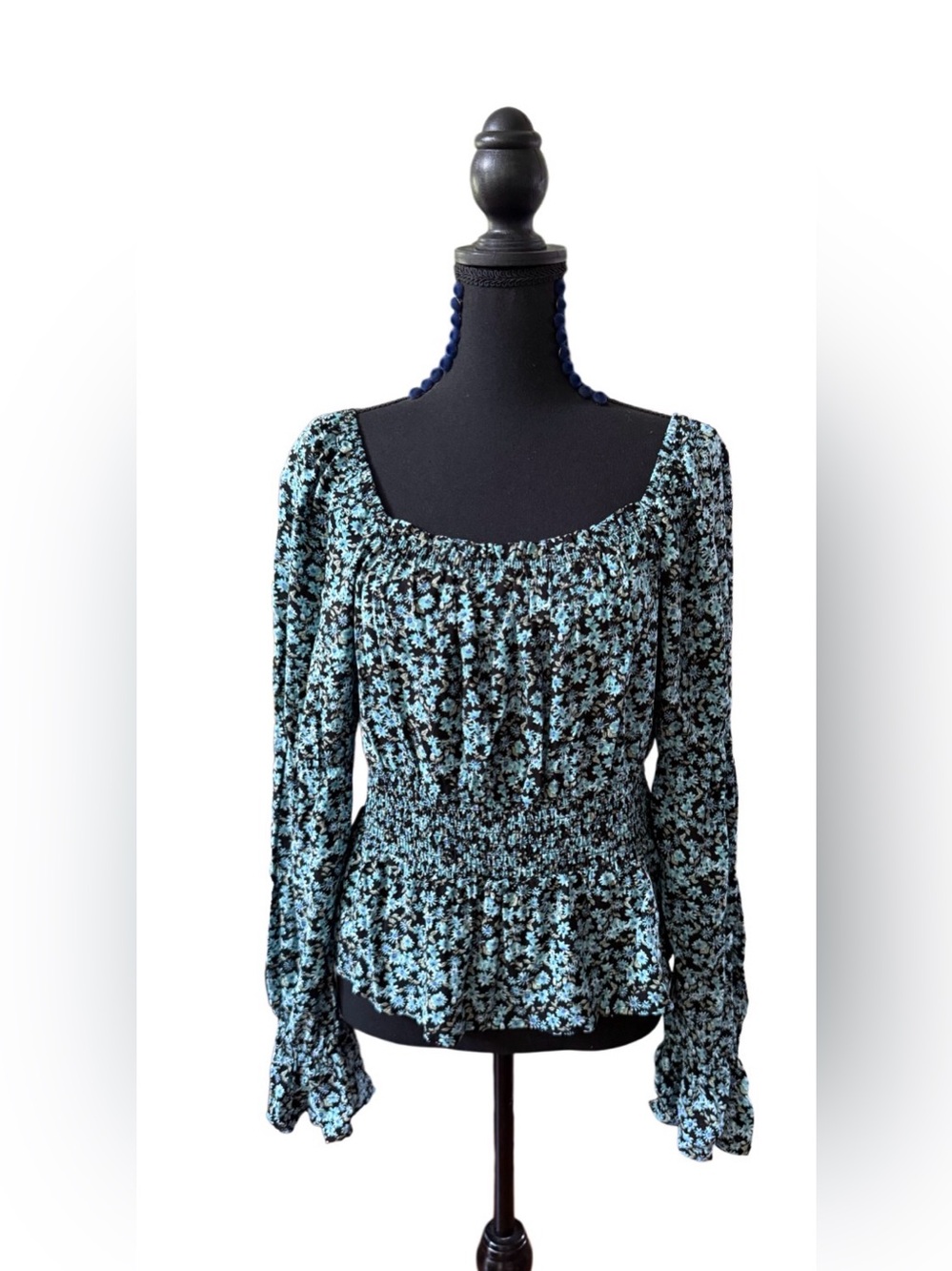 SO Blue and Black Floral Square-Neck Blouse